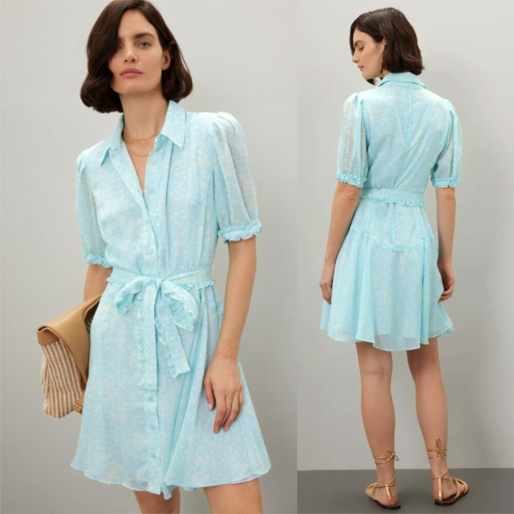 DEREK LAM 10 CROSBY x RTR Blue Floral Chiffon Mini Shirt Dress Size 48 (US 12)